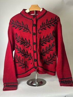 Red Embroidered Knit Cardigan Sweater - Women's #P050